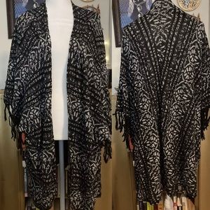 Free People Silver and black fringe xs/s short sleeved open knit poncho shrug